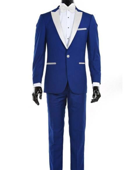 Men's Royal Blue 1 Button White Satin Lapel Tuxedo Dress Suits for Men