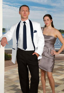 Men's One Button Shawl Lapel White With Dark Navy Dinner Jacket With Pant + Shirt & Tie