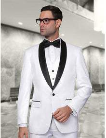 Men's Statement Suits Clothing Confidence  White Modern Fit 3 Piece Shawl Collar Tuxedo