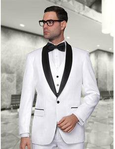 Men's Statement Suits Clothing Confidence White Modern Fit 3 Piece Shawl Collar Tuxedo