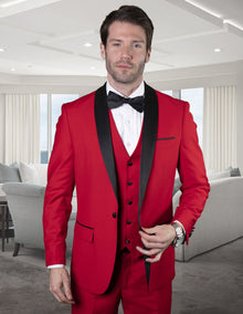 Mens Wool One Button Modern Fit Vested Shawl Prom Tuxedo in Red Tuxedos for Prom