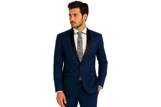 Mens Slim Fit One Button Shawl Tuxedo in Blue
