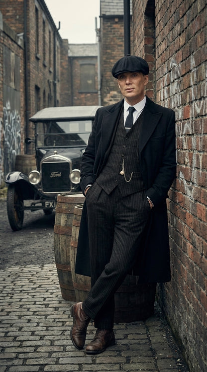 Men’s 1920s Peaky Blinders Style Vested Suit, English Gangster Outfit with Overcoat and Hat