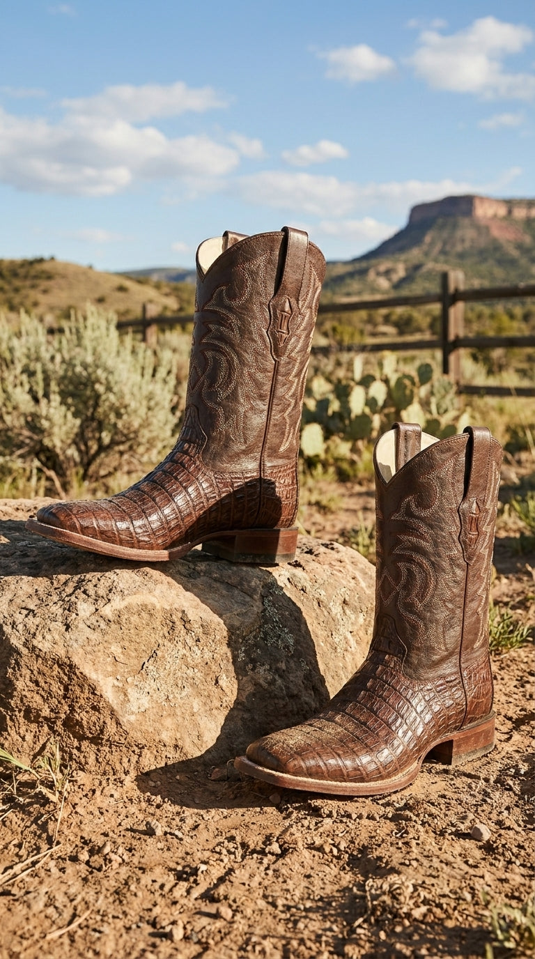 Men’s Brown Caiman Square Toe Cowboy Boots, Exotic Western Dress Boots for Rodeo and Country Wear