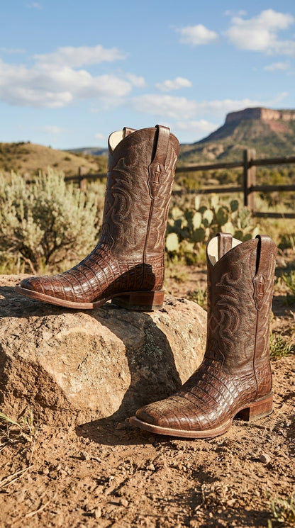 Men’s Brown Caiman Square Toe Cowboy Boots, Exotic Western Dress Boots for Rodeo and Country Wear