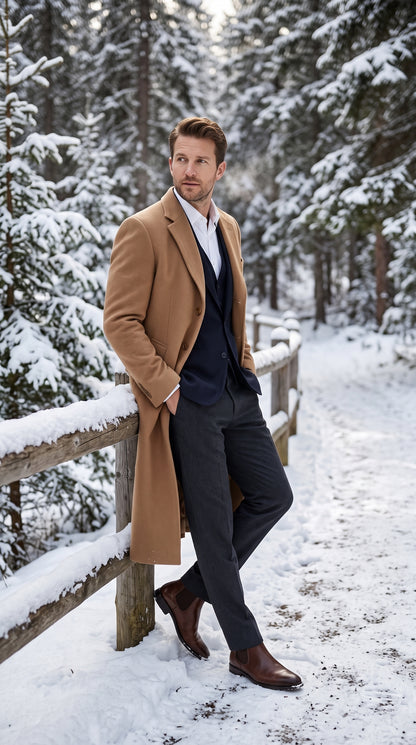 Men’s Camel Cashmere Winter Topcoat, Full Length Dress Overcoat