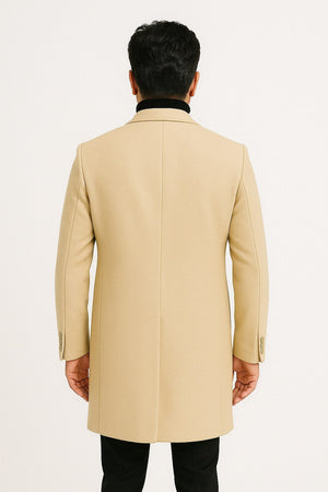Mens Beige Wool Overcoat with Classic Notch Lapel and Single-Breasted Closure - Light Tan Sand Color - Image 2