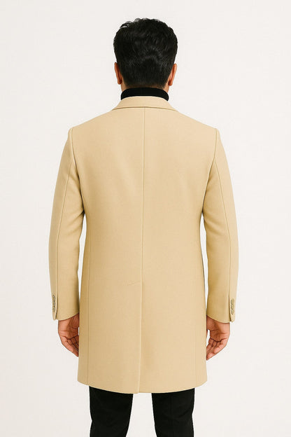Mens Beige Wool Overcoat with Classic Notch Lapel and Single-Breasted Closure - Light Tan Sand Color - Image 2