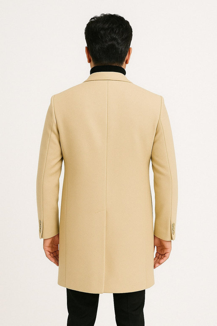 Mens Beige Wool Overcoat with Classic Notch Lapel and Single-Breasted Closure - Light Tan Sand Color - Image 2