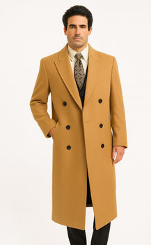 DBCoat Men's Wool Long Designer Men's Wool Men's Peacoat Sale Double Breasted Overcoat Style Full Length Camel