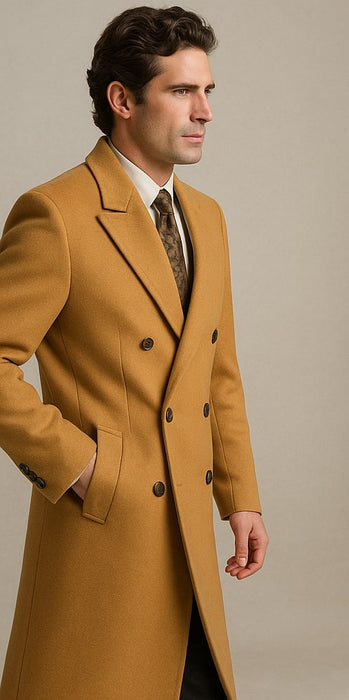 DBCoat Men's Wool Long Designer Men's Wool Men's Peacoat Sale Double Breasted Overcoat Style Full Length Camel