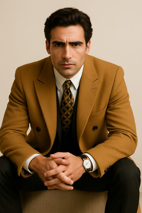 DBCoat Men's Wool Long Designer Men's Wool Men's Peacoat Sale Double Breasted Overcoat Style Full Length Camel