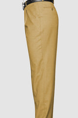 Men's 100% Wool Classic Fit Pleated Dress Pant in Camel