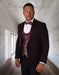 Mens One Button Shawl Tuxedo with Paisley Scoop Neck Vest in Burgundy