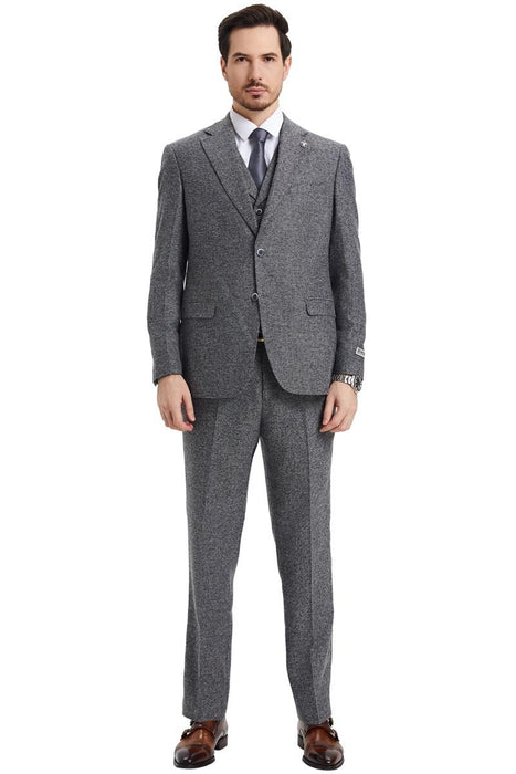 Men's Stacy Adams Vested Vintage Herringbone Tweed Suit in Grey