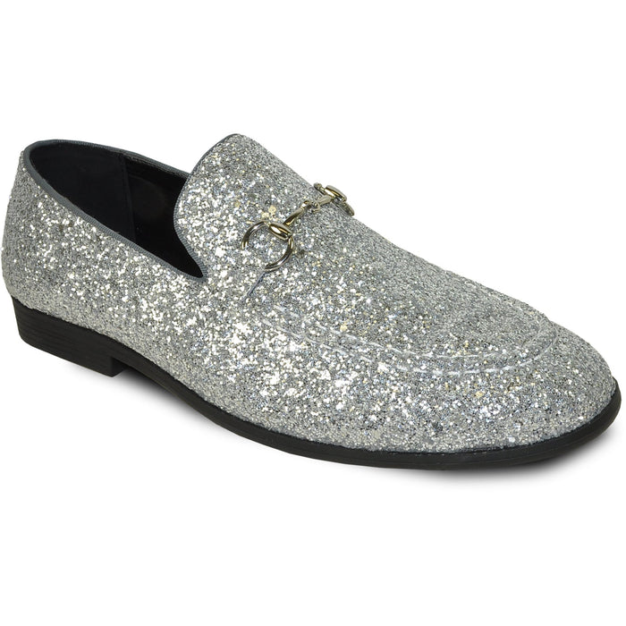 Bravo Mens Modern Glitter Sequin Prom Tuxedo Loafer in Silver Grey - Men's Dress Shoes