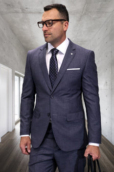 Men's Designer Modern Fit Italian Wool Suit in Dark Grey Plaid