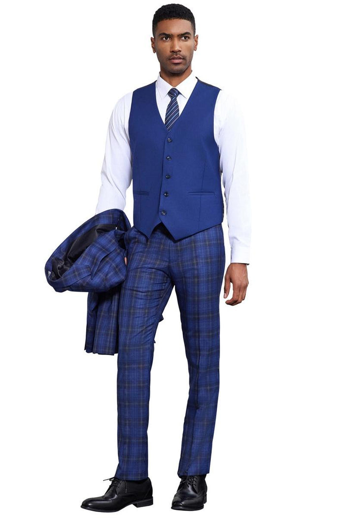 Men's Stacy Adams Bold Windowpane Plaid Print Vested Suit in Midnight Blue - Image 4