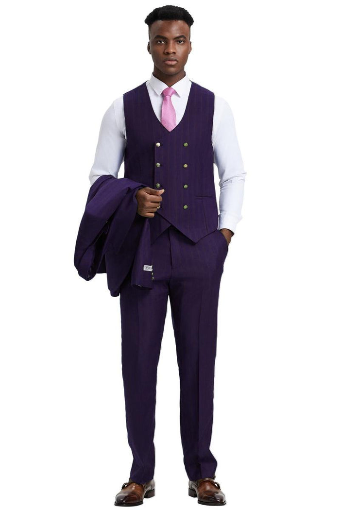 Men's Stacy Adams Vested One Button Side Peak Lapel Pinstripe Suit in Eggplant Purple - Image 3