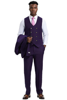 Men's Stacy Adams Vested One Button Side Peak Lapel Pinstripe Suit in Eggplant Purple - Image 3