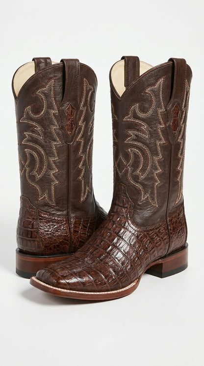 Men’s Brown Caiman Square Toe Cowboy Boots, Exotic Western Dress Boots for Rodeo and Country Wear