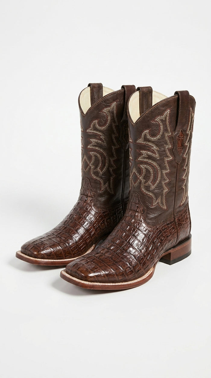 Men’s Brown Caiman Square Toe Cowboy Boots, Exotic Western Dress Boots for Rodeo and Country Wear