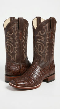 Men’s Brown Caiman Square Toe Cowboy Boots, Exotic Western Dress Boots for Rodeo and Country Wear