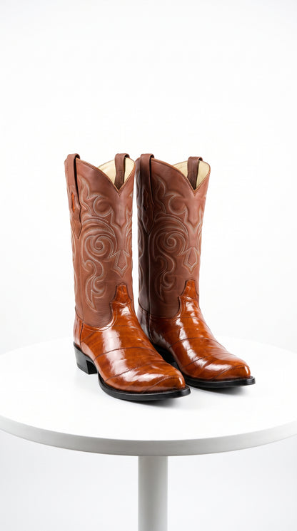 Men’s Cognac Eel Skin Western Boots, Exotic Cowboy Dress Boots for Ranch and Country Wear