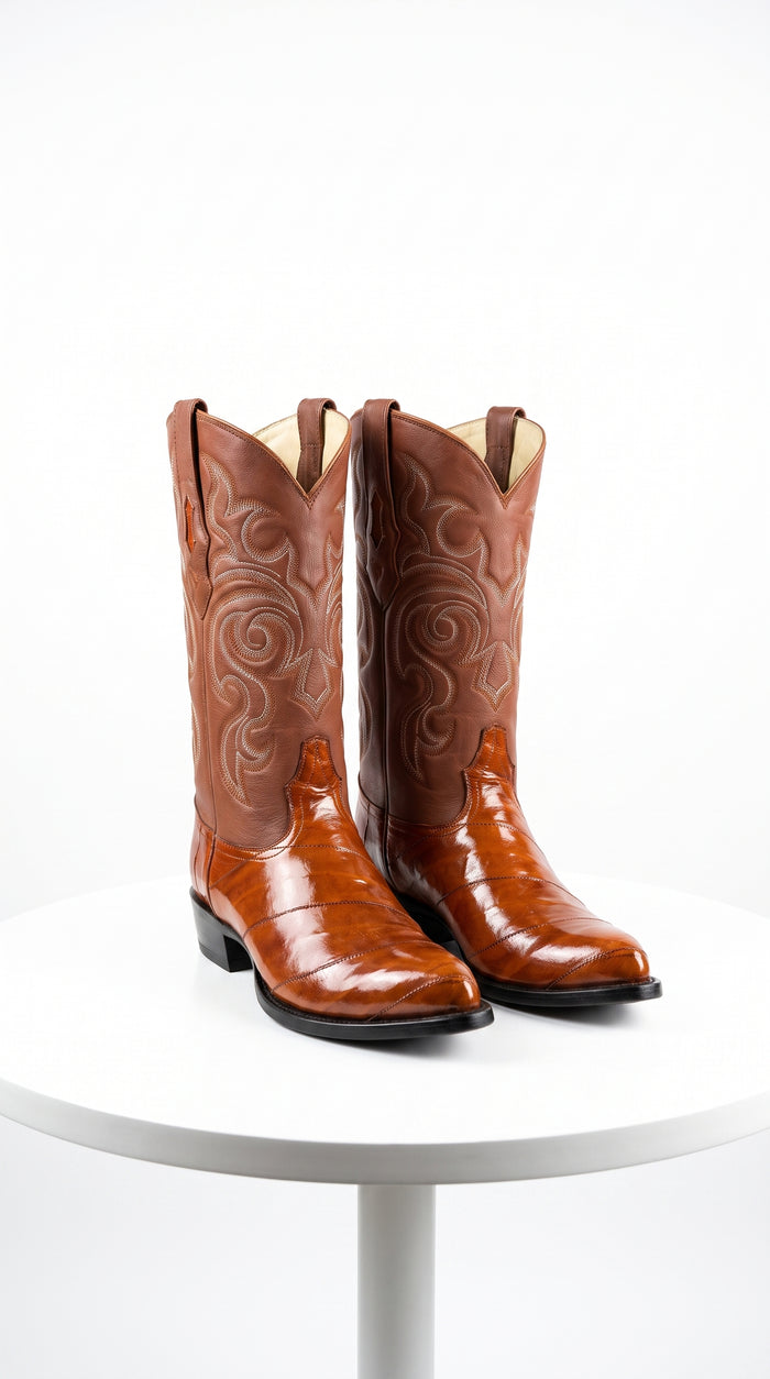 Men’s Cognac Eel Skin Western Boots, Exotic Cowboy Dress Boots for Ranch and Country Wear