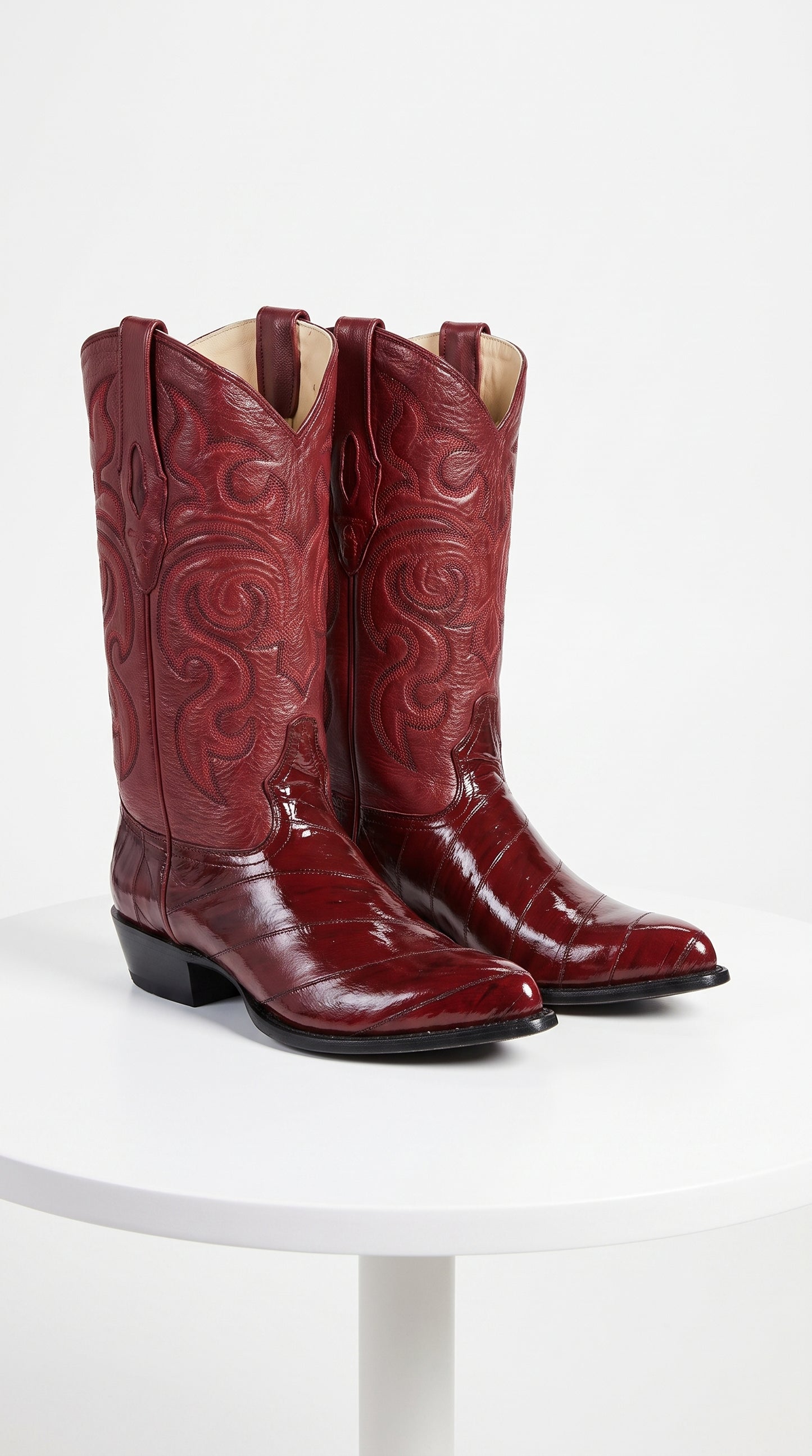 Men’s Burgundy Eel Skin Western Boots, Original Puntal Toe Cowboy Dress Boots