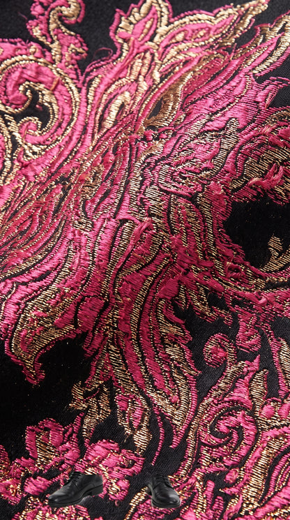 Men’s Fuchsia Pink and Black Floral Paisley Prom Tuxedo Suit, Shawl Lapel Wedding Party Formal Wear