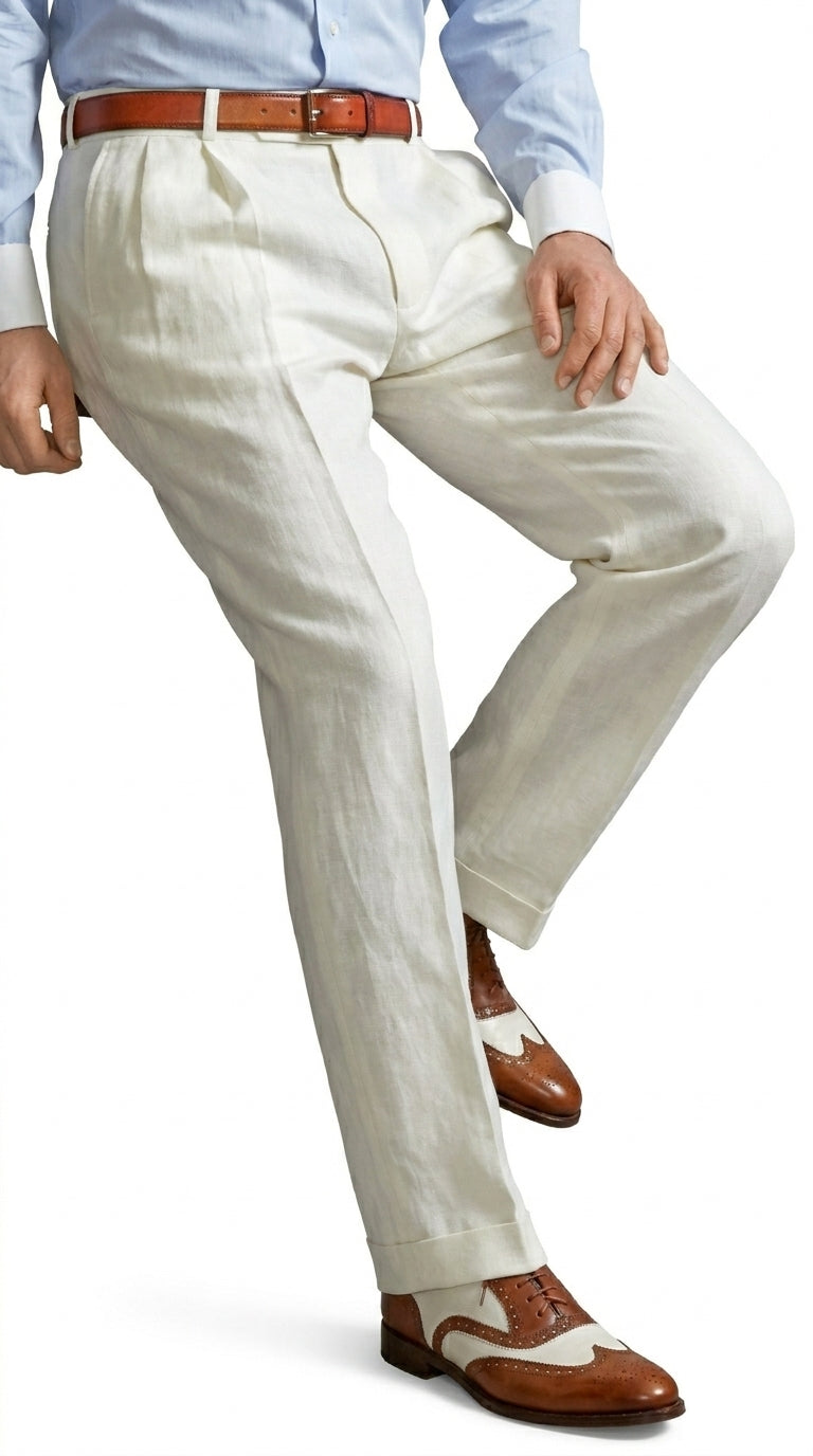Men’s Ivory Cream Pleated Dress Pants, Off White Formal Trousers with Unhemmed Bottom