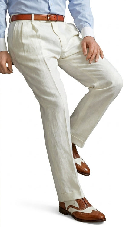Men’s Ivory Cream Pleated Dress Pants, Off White Formal Trousers with Unhemmed Bottom