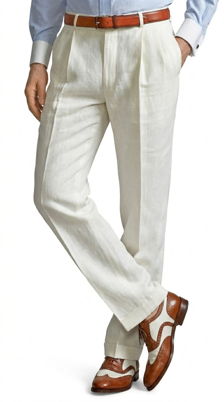 Men’s Ivory Cream Pleated Dress Pants, Off White Formal Trousers with Unhemmed Bottom