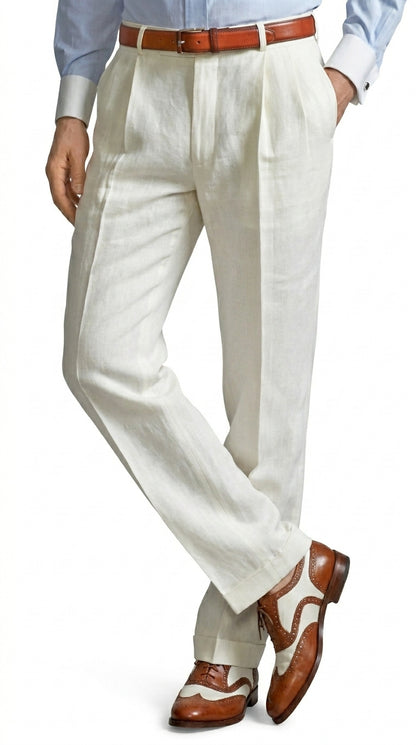Men’s Ivory Cream Pleated Dress Pants, Off White Formal Trousers with Unhemmed Bottom