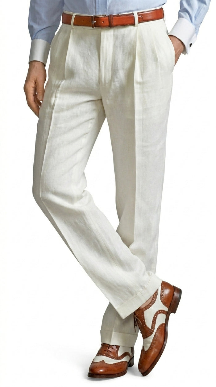 Men’s Ivory Cream Pleated Dress Pants, Off White Formal Trousers with Unhemmed Bottom