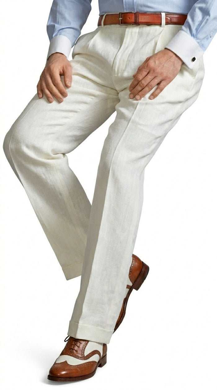 Men’s Ivory Cream Pleated Dress Pants, Off White Formal Trousers with Unhemmed Bottom