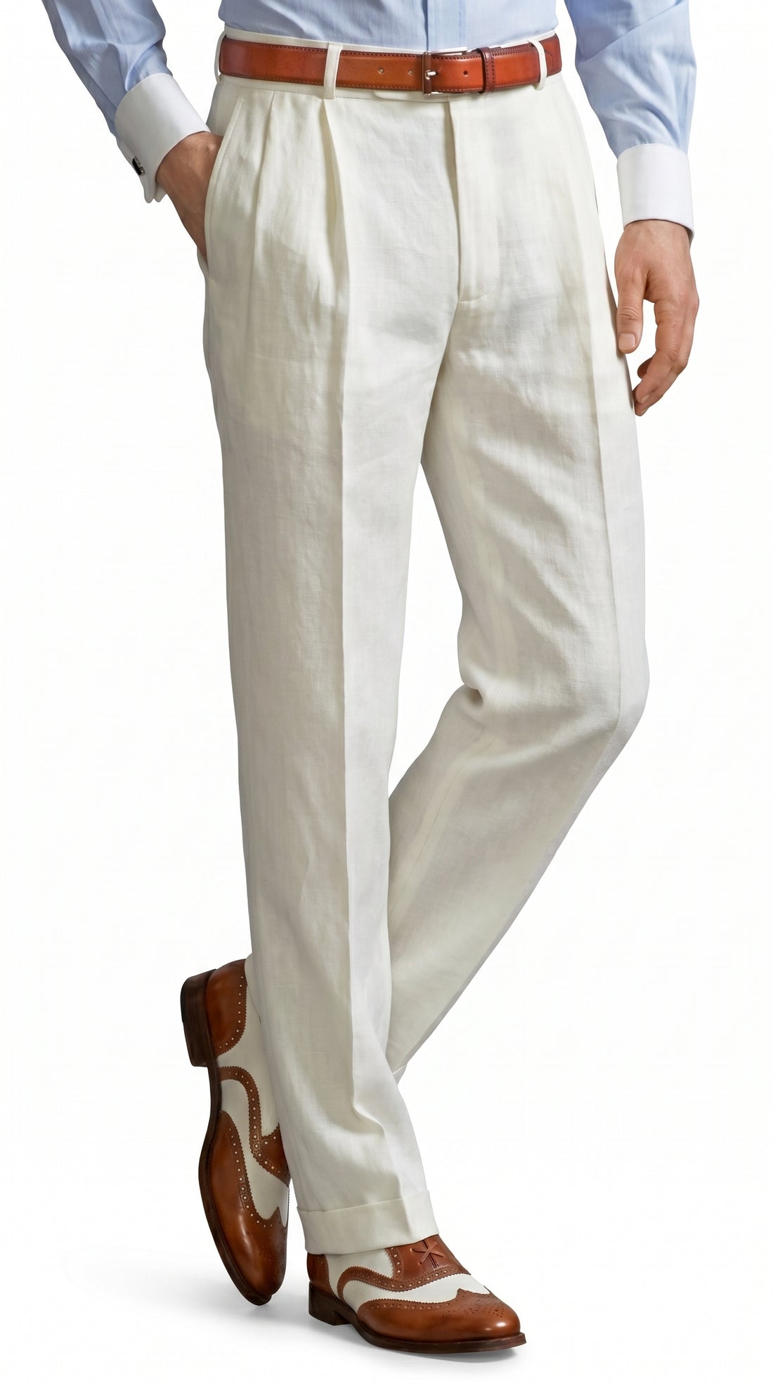 PLEASE Men's Ivory Cream Pleated Dress Pants, Off White Formal Trousers with Unhemmed Bottom