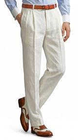 Men’s Ivory Cream Pleated Dress Pants, Off White Formal Trousers with Unhemmed Bottom