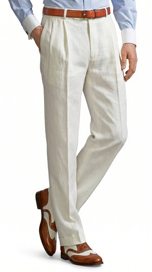 Men’s Ivory Cream Pleated Dress Pants, Off White Formal Trousers with Unhemmed Bottom