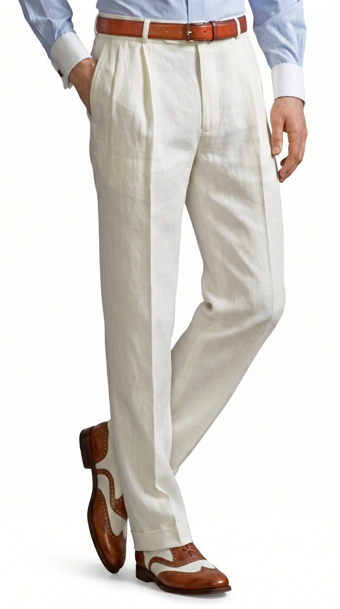 Men’s Ivory Cream Pleated Dress Pants, Off White Formal Trousers with Unhemmed Bottom