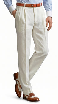 Men’s Ivory Cream Pleated Dress Pants, Off White Formal Trousers with Unhemmed Bottom