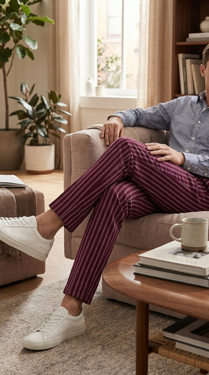 Men’s slacks Wine Ganagster Chalk Striped ~ Pinstripe 1920's Style Flat Front or  Pleated Pants Available In Big And Tall unhemmed unfinished bottom