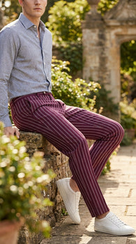 Men’s slacks Wine Ganagster Chalk Striped ~ Pinstripe 1920's Style Flat Front or  Pleated Pants Available In Big And Tall unhemmed unfinished bottom