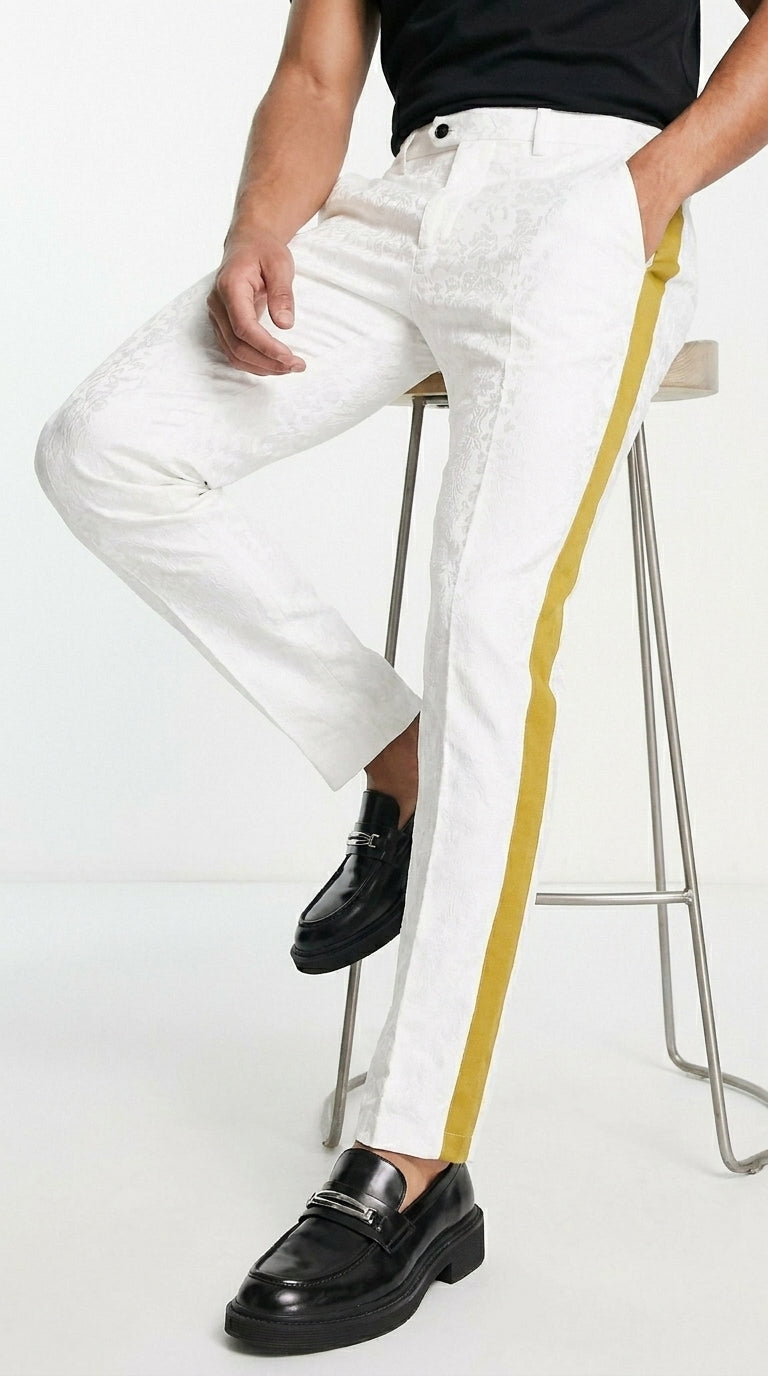 Men’s White Tuxedo Pants with Gold Sateen Side Stripe – Formal Dress Pants for Wedding and Prom