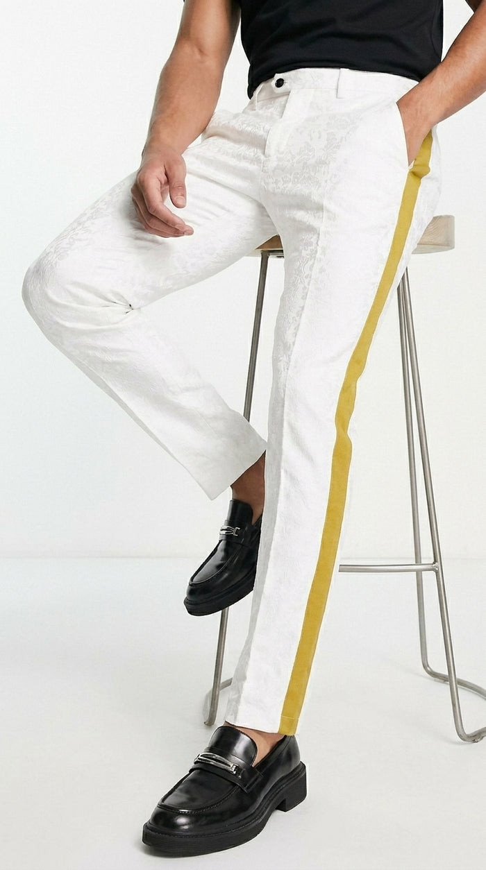 Men’s White Tuxedo Pants with Gold Sateen Side Stripe – Formal Dress Pants for Wedding and Prom