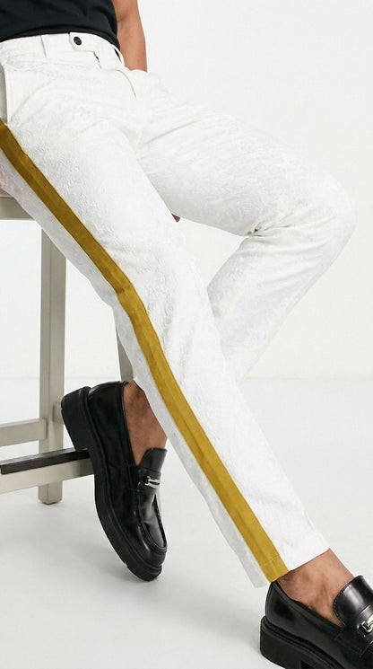 Men’s White Tuxedo Pants with Gold Sateen Side Stripe – Formal Dress Pants for Wedding and Prom