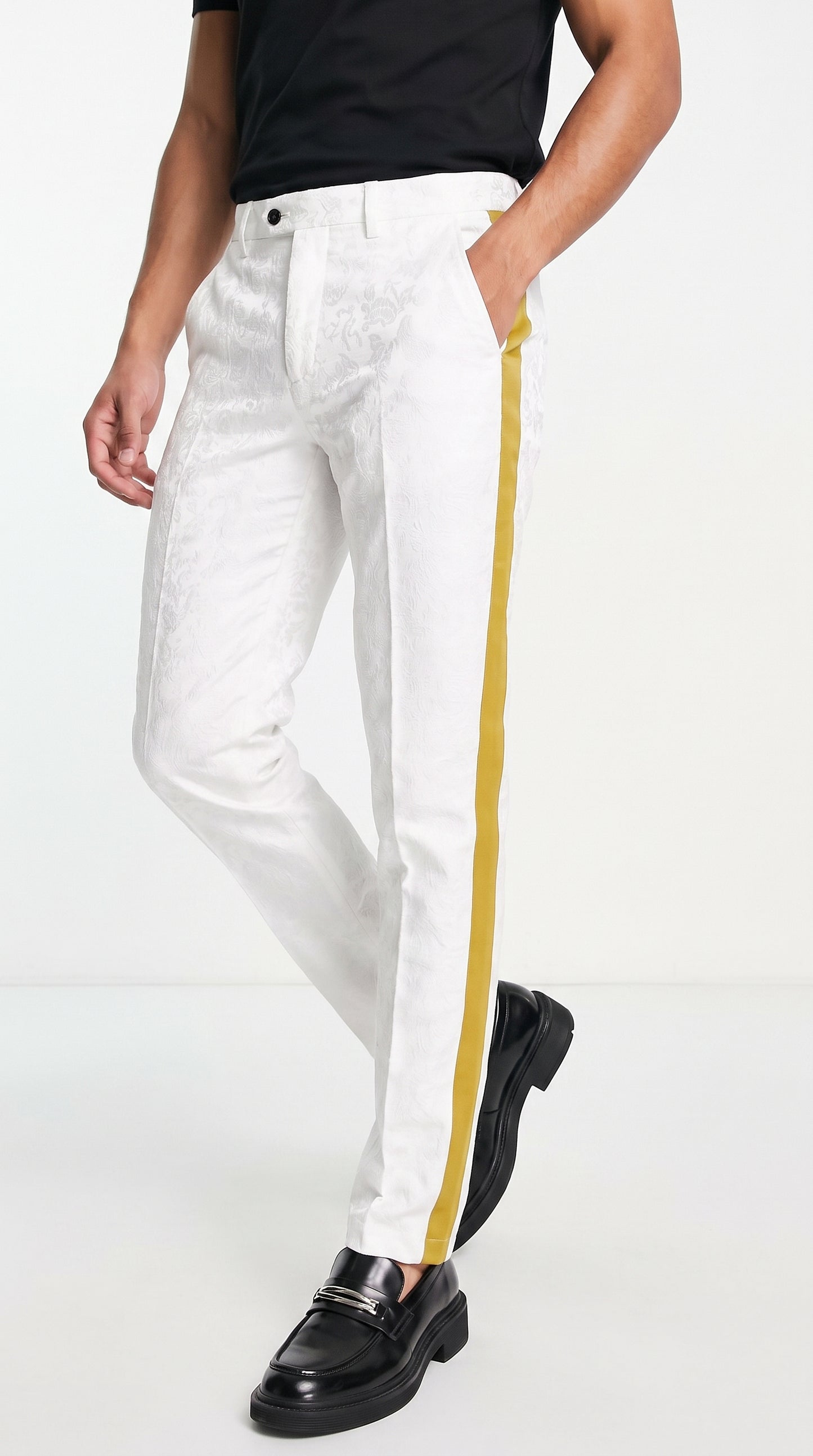 Men’s White Tuxedo Pants with Gold Sateen Side Stripe – Formal Dress Pants for Wedding and Prom