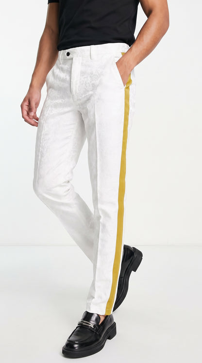 Men’s White Tuxedo Pants with Gold Sateen Side Stripe – Formal Dress Pants for Wedding and Prom