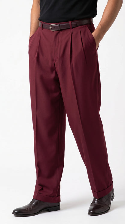 Pacelli Men’s Burgundy Pleated Wide Leg Dress Pants, Wine Maroon Baggy Fit Slacks with Unhemmed Bottoms